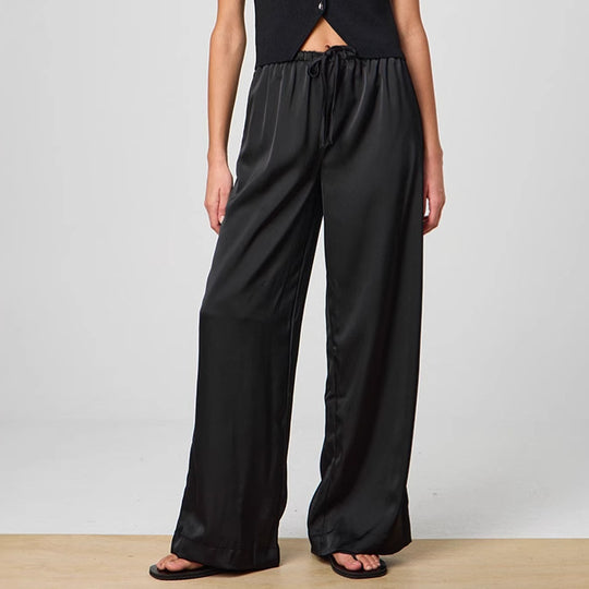 Damen Elegante Weite Satin-Hose mit hochgezogenem Bund und Bindegürtel R&B