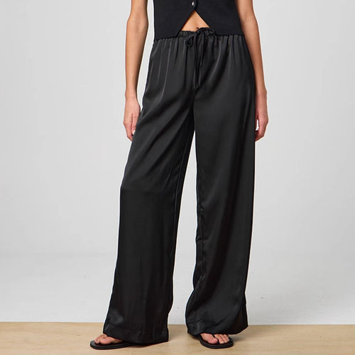 Damen Elegante Weite Satin-Hose mit hochgezogenem Bund und Bindegürtel R&B