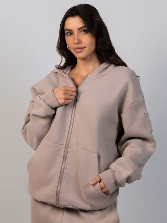 Damen sportlicher Fleece-Jogginganzug mit hochgeschlossenem Reißverschluss und elastischem Bund R&B