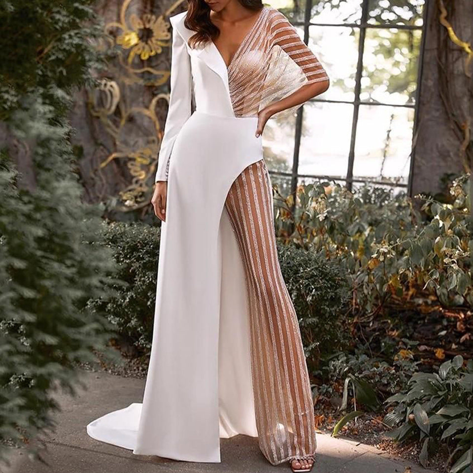 Damen Eleganter Jumpsuit mit asymmetrischem Schnitt und funkelnden Akzenten R&B