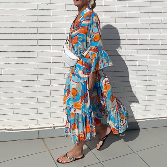 Damen nan luftiges Maxikleid mit Aquarellprint, V‑Ausschnitt, halber Knopfleiste und Stufenrock R&B