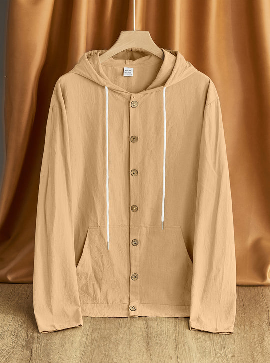 Herren nan leichte Kapuzenjacke mit Knopfleiste, Kängurutasche und Tunnelzug R&B
