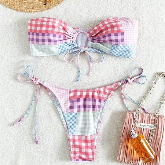 Damen Bikini-Set mit verspieltem Karomuster und verstellbaren Bindebändern R&B
