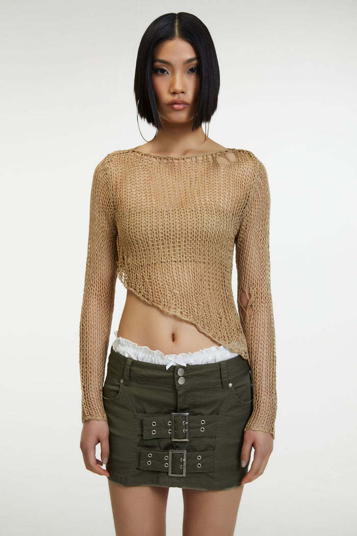 Damen luftiges Strickoberteil mit fransigen Details und asymmetrischem Schnitt R&B