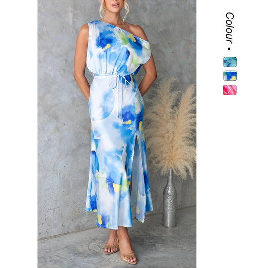 Damen Maxikleid mit asymmetrischem Design und fließendem Stoff R&B