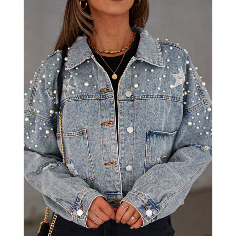 Damen Jeansjacke mit auffälligen Applikationen und oversized Schnitt R&B