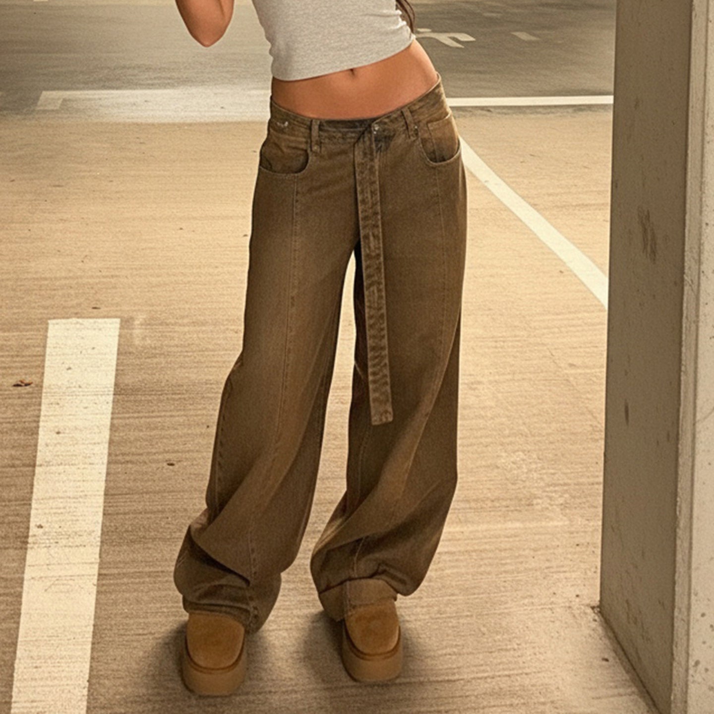 Damen Weite Jeans mit hochelastischem Bund und praktischen Gürtelschlaufen R&B