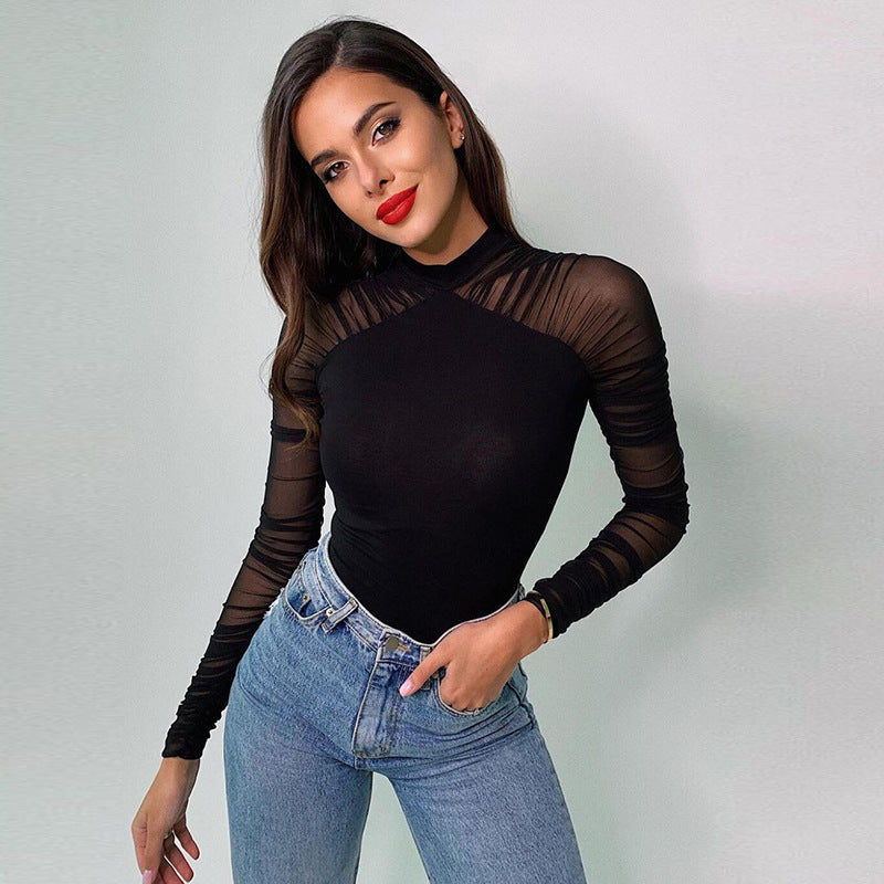 Damen Body mit transparenten Ärmeln und R&Brnem Stehkragen R&B