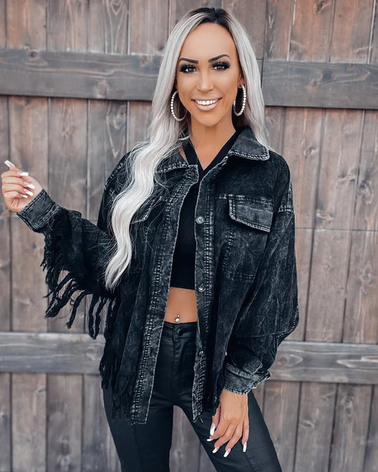 Damen Fransen-Jacke aus Denim im lässigen Oversize-Schnitt R&B