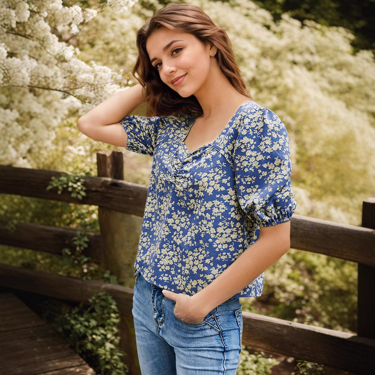 Damen Blusenshirt mit Puffärmel und floralen Details R&B
