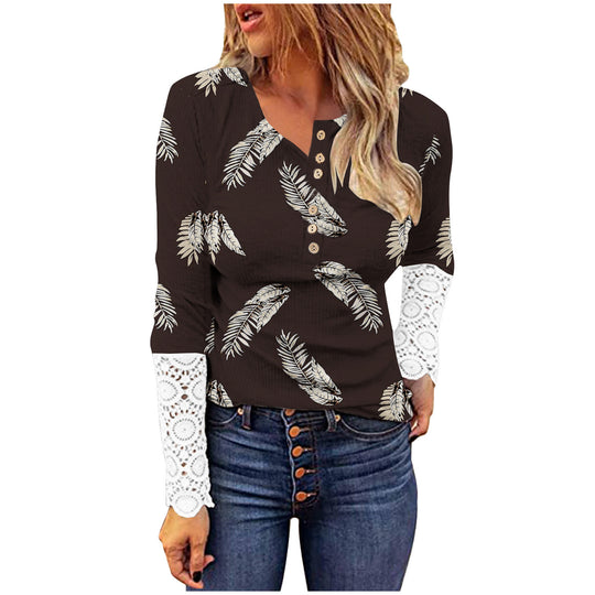 Damen langärmliges T-Shirt mit Spitze und modernem Leo-Muster R&B