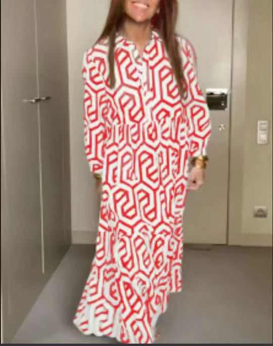 Damen Langarm Maxikleid mit geometrischem Design und Rüschendetails Heidi-Mode