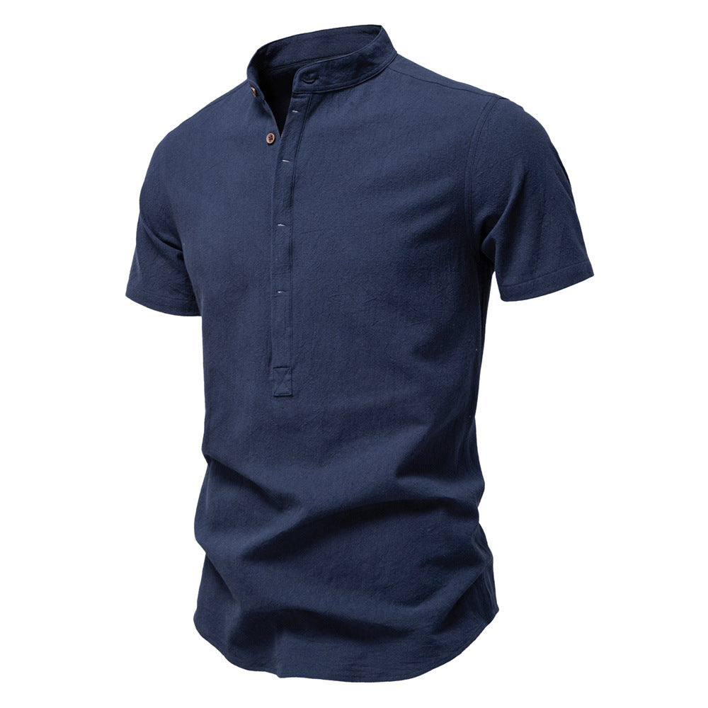 Herren nan lässiges Kurzarmshirt mit Stehkragen, halber Knopfleiste und leicht strukturierter Baumwoll-Leinen-Qualität R&B