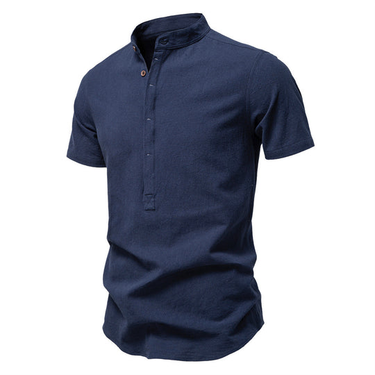 Herren nan lässiges Kurzarmshirt mit Stehkragen, halber Knopfleiste und leicht strukturierter Baumwoll-Leinen-Qualität R&B