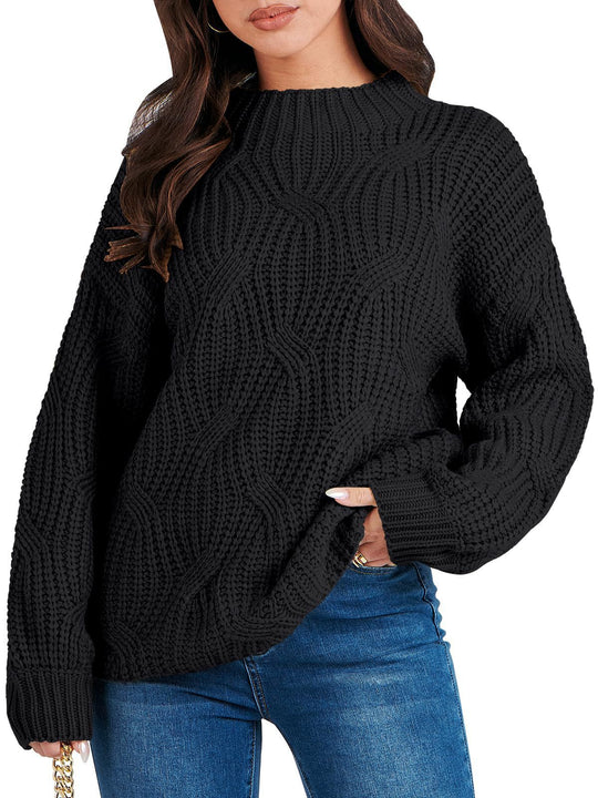 Damen Grobstrickpullover mit extravagantem Wellenmuster und hohem Kragen R&B