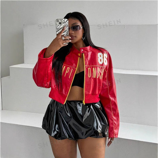 Damen cropped Kunstlederjacke mit sportiven Details R&B