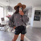Damen lässiger Strickpullover mit herzförmigen Mustern und angeschnittenen Ärmeln R&B