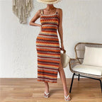 Damen Maxikleid mit geometrischem Muster und seitlichem Schlitz R&B