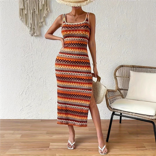 Damen Maxikleid mit geometrischem Muster und seitlichem Schlitz R&B