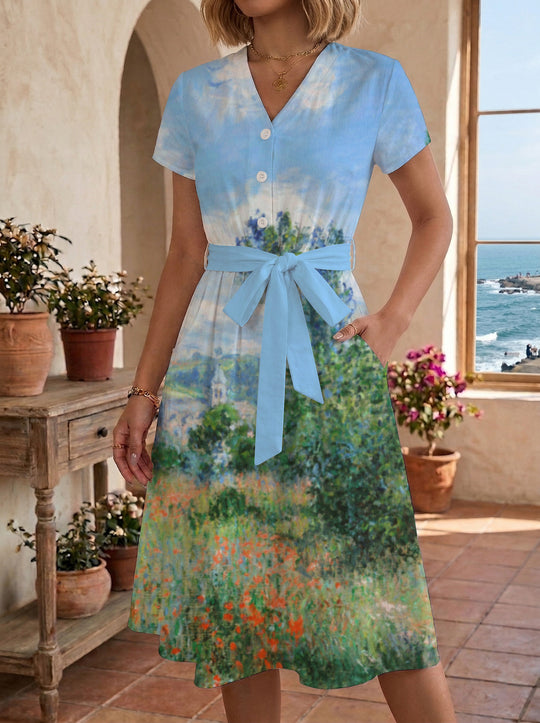 Damen Blühendes Midikleid mit taillierbarem Gürtel und kunstvollem Print R&B