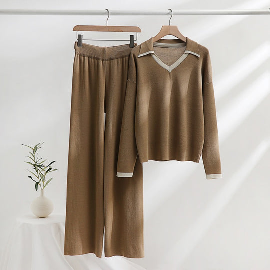 Damen gemütliches Strick-Loungewear-Set mit kontrastierendem Kragen und weitem Bein R&B