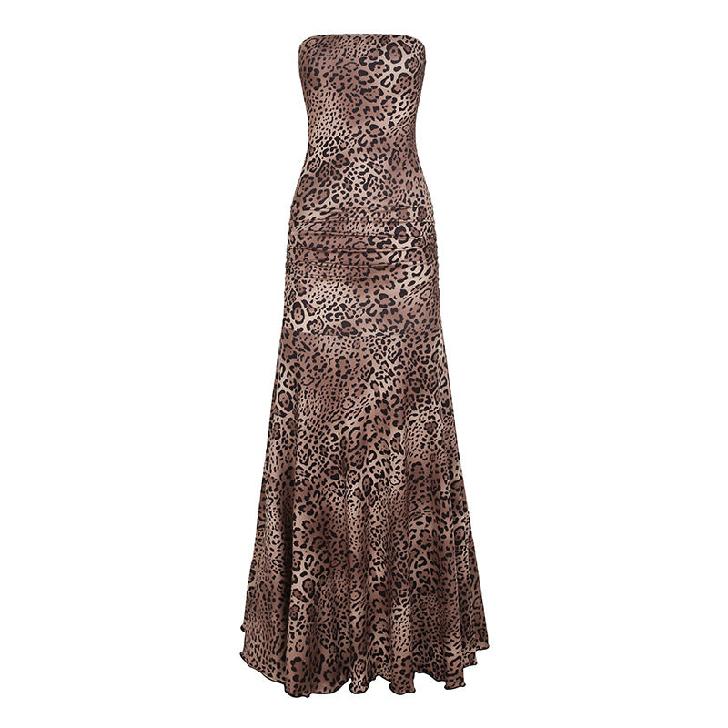 Damen elegantes Wickelkleid mit Leopardenmuster und voluminösem Saum R&B