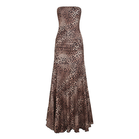 Damen elegantes Wickelkleid mit Leopardenmuster und voluminösem Saum R&B