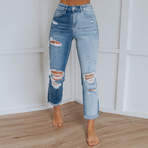 Damen Hoch geschnittene Destroyed Jeans im lässigen Vintage-Stil R&B