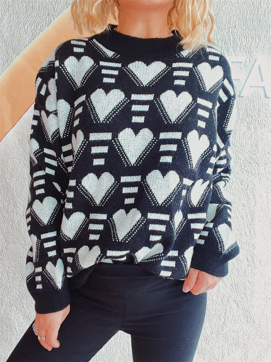 Damen gestrickter Pullover im modernen Herzdesign mit weitem Schnitt R&B