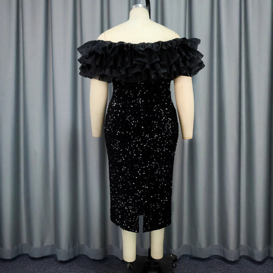 Damen glamouröses Abendkleid mit voluminösen Rüschen und Pailletten R&B
