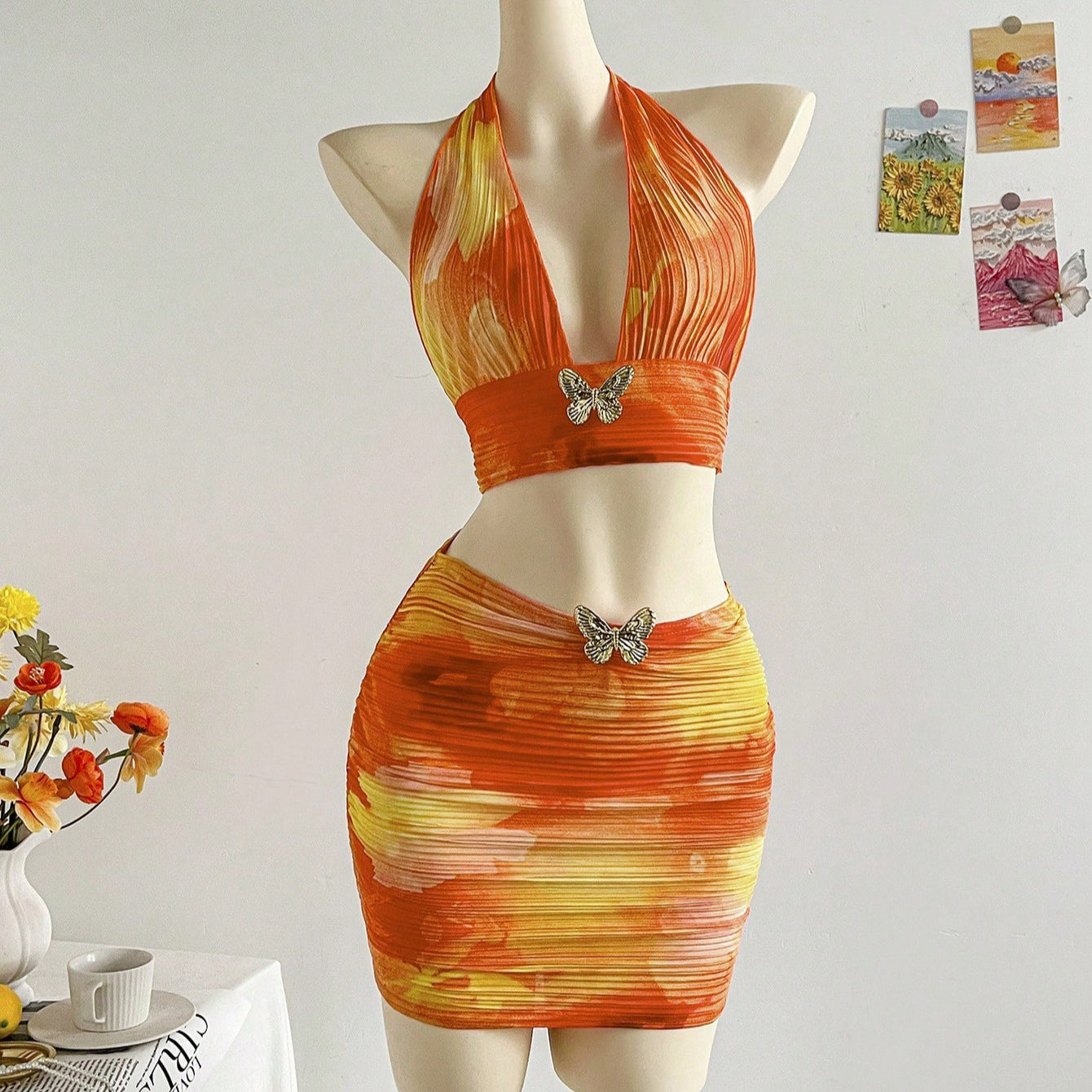 Damen Zweiteiliges Kleidungsset mit U-Ausschnitt und dekorativen Schmetterlingsdetails R&B