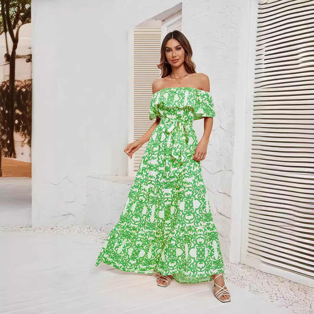 Damen Maxikleid mit schulterfreiem Design, frischem Blätterdruck und elastischer Taillierung R&B