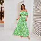 Damen Maxikleid mit schulterfreiem Design, frischem Blätterdruck und elastischer Taillierung R&B