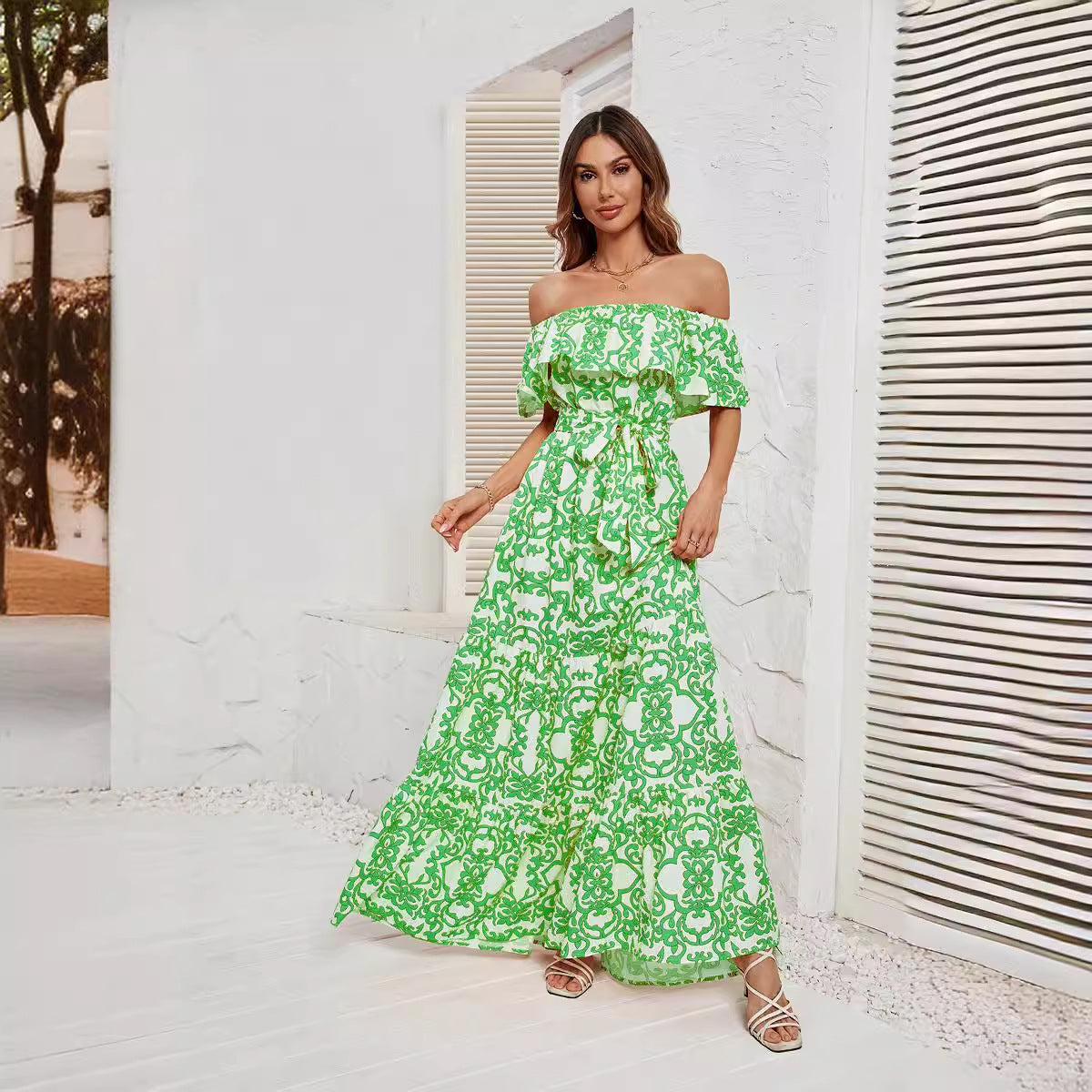 Damen Maxikleid mit schulterfreiem Design, frischem Blätterdruck und elastischer Taillierung R&B