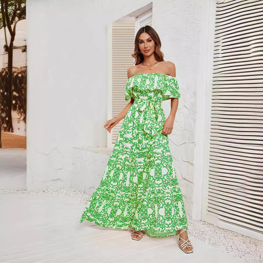 Damen Maxikleid mit schulterfreiem Design, frischem Blätterdruck und elastischer Taillierung R&B