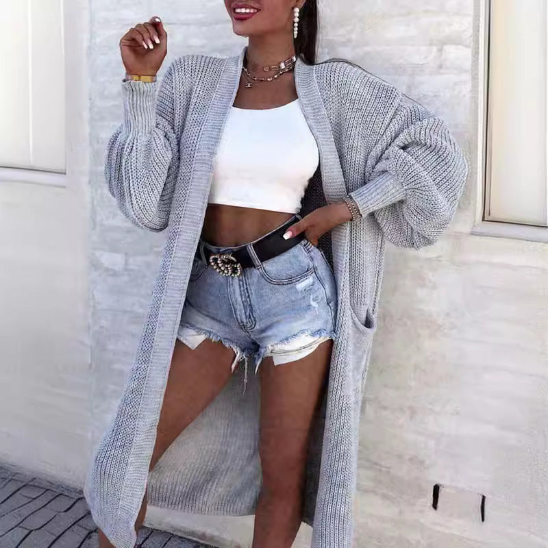 Damen Langer Strickmantel mit großzügigen Taschen R&B