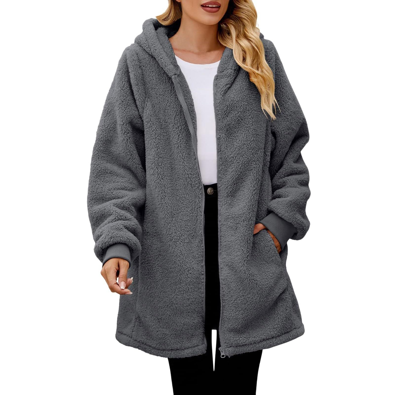 Damen kuschelige Fleecejacke mit Kapuze und seitlichen Eingrifftaschen R&B