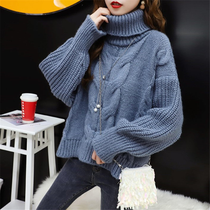 Damen Grobstrickpullover mit hohem Rollkragen und modernem Zopfmuster R&B
