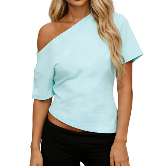 Damen asymmetrisches Oberteil mit schulterfreiem Design und kurzen Ärmeln R&B