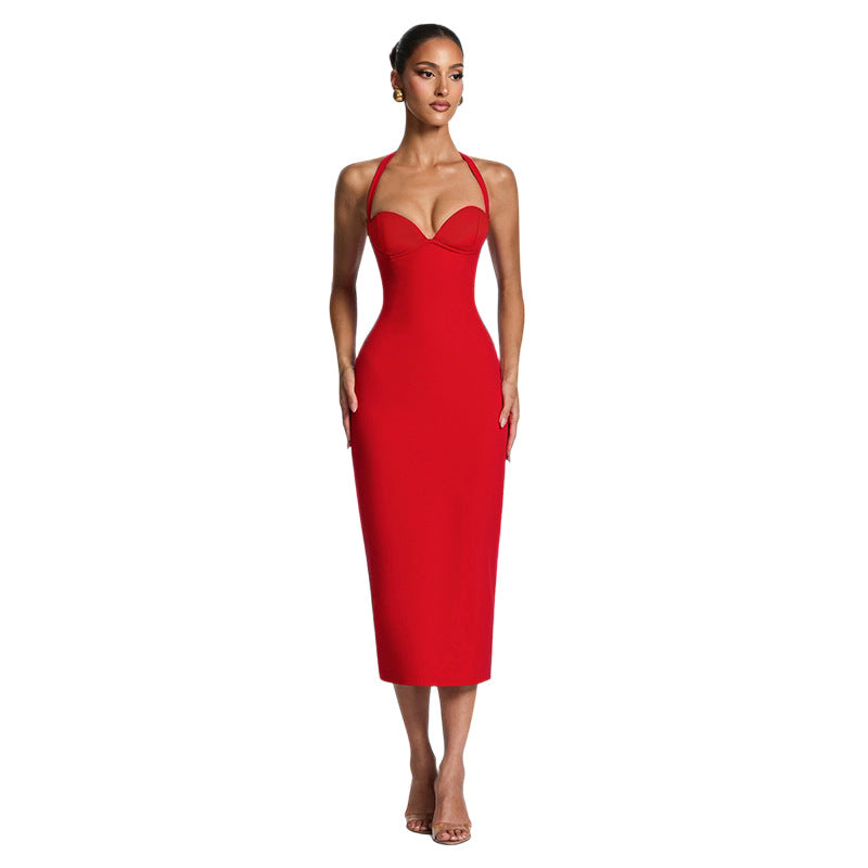 Damen Figurbetontes Midi-Kleid mit Herzausschnitt und verstellbaren Trägern R&B