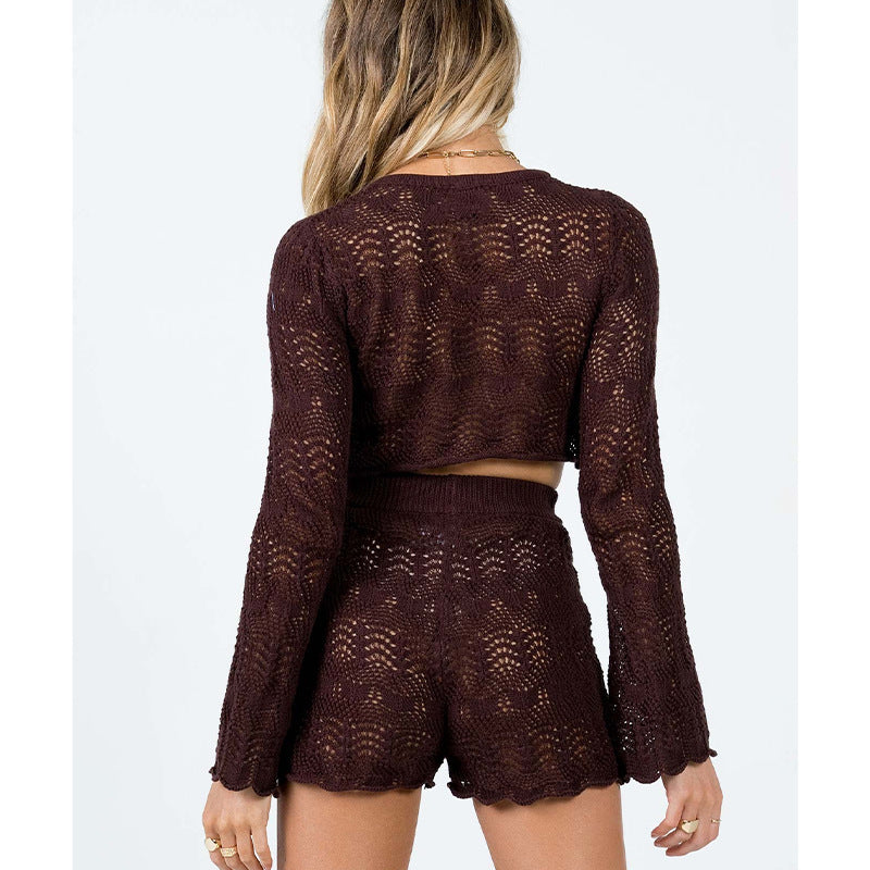 Damen elegantes Strick-Crop-Top und Shorts Set R&B