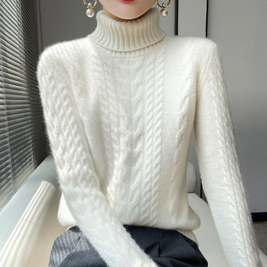 Damen Grobstrickpullover mit hohem Kragen und strukturiertem Zopfmuster R&B
