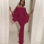 Damen Glamouröses Abendoutfit mit schulterfreiem Oberteil und fließenden Beinen R&B