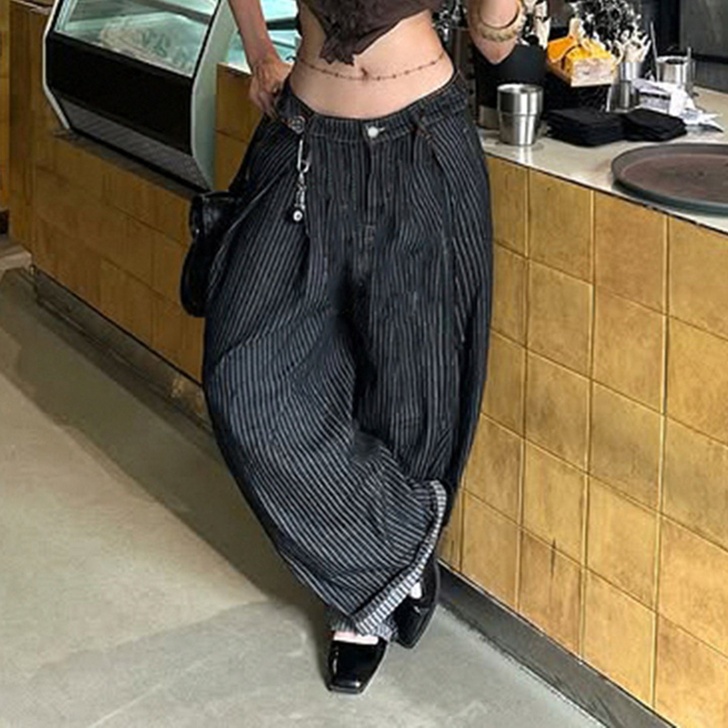 Damen Weite Hochtaillierte Streifenjeans R&B