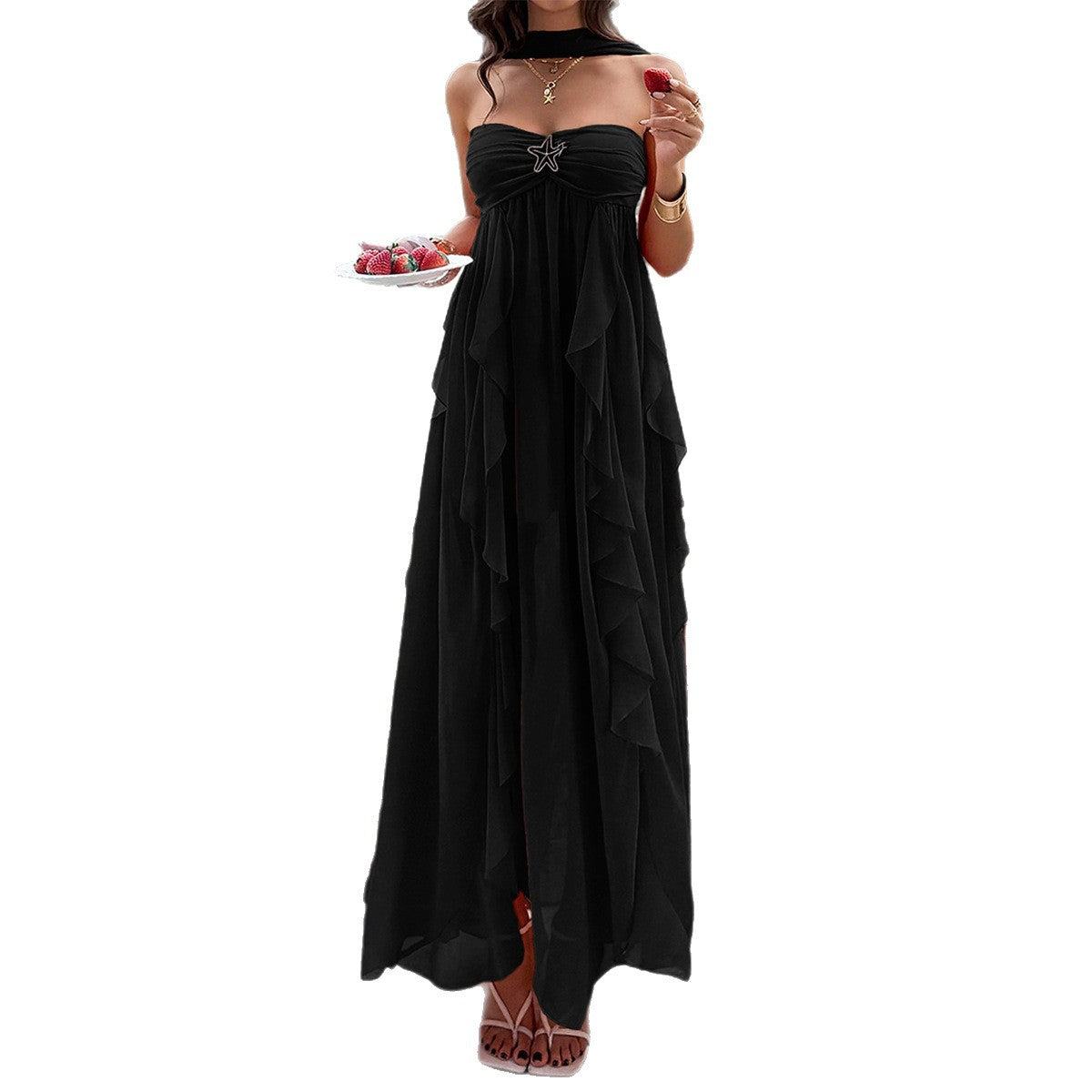 Damen Maxikleid mit schwingendem Rüschendesign und elegantem Bustier R&B