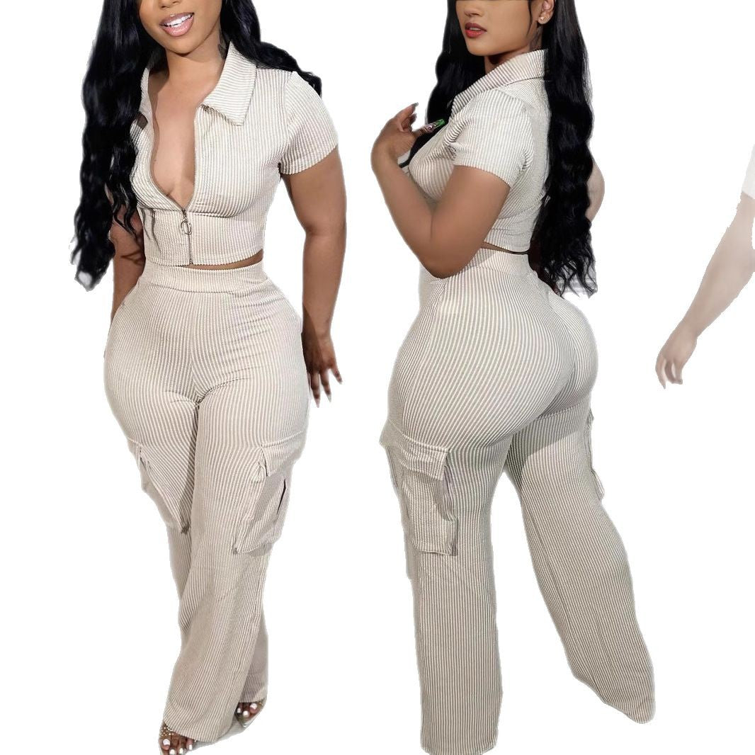 Damen Crop-Top und Flared-Hosen Set mit praktischen Taschen R&B