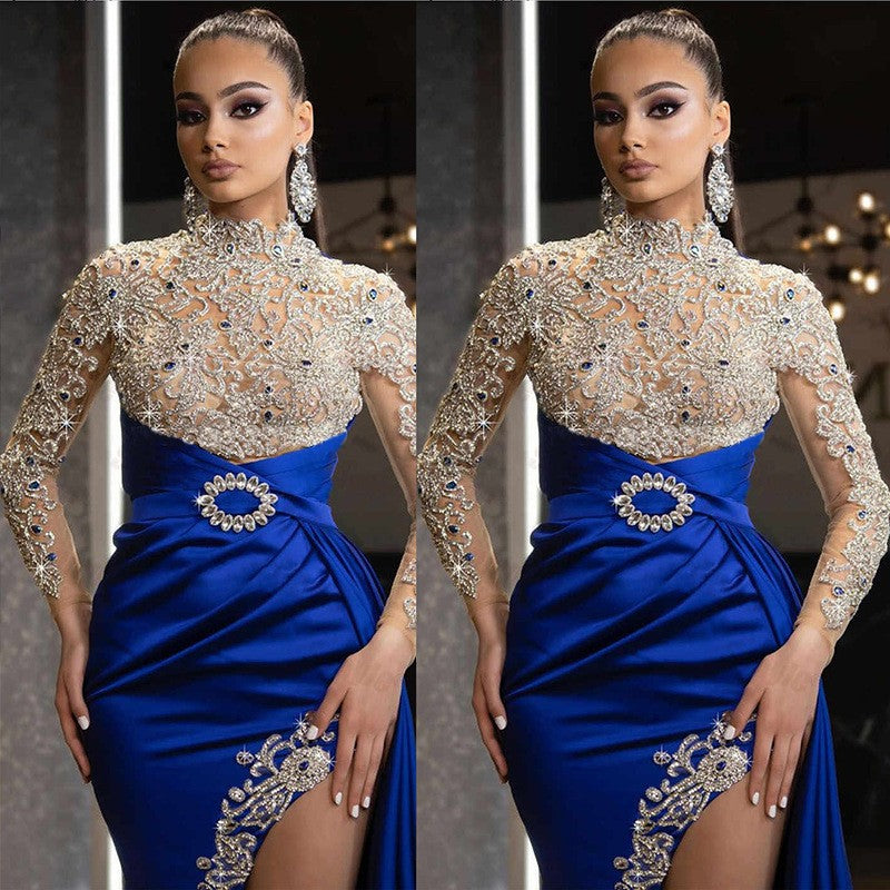 Damen Elegantes Abendkleid mit aufwendigen Spitzenapplikationen und hohem Schlitz R&B