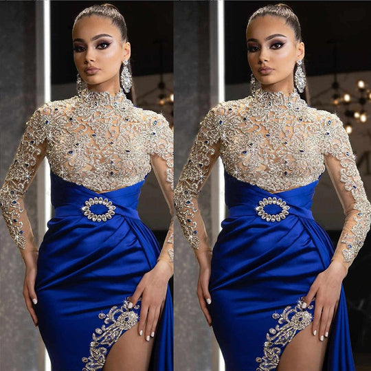 Damen Elegantes Abendkleid mit aufwendigen Spitzenapplikationen und hohem Schlitz R&B