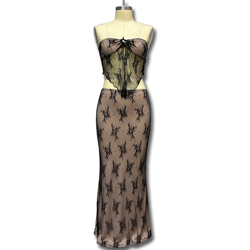 Damen Transparentes Spitzen-Maxikleid R&B