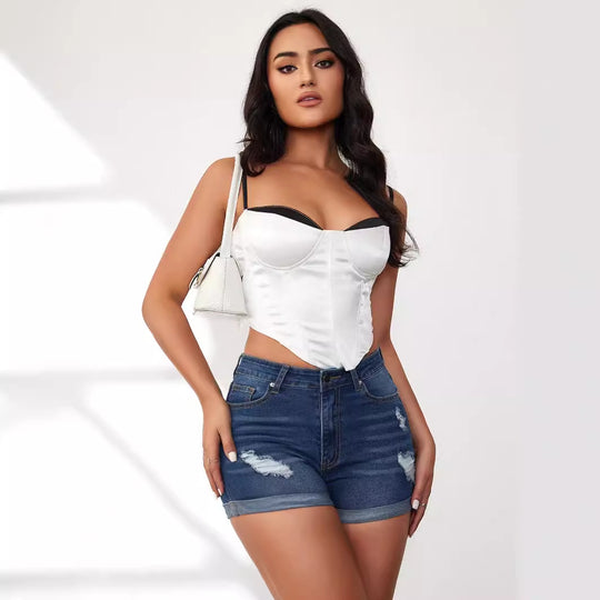 Damen Jeansshorts mit modischem Destroyed-Effekt und hohem Bund R&B